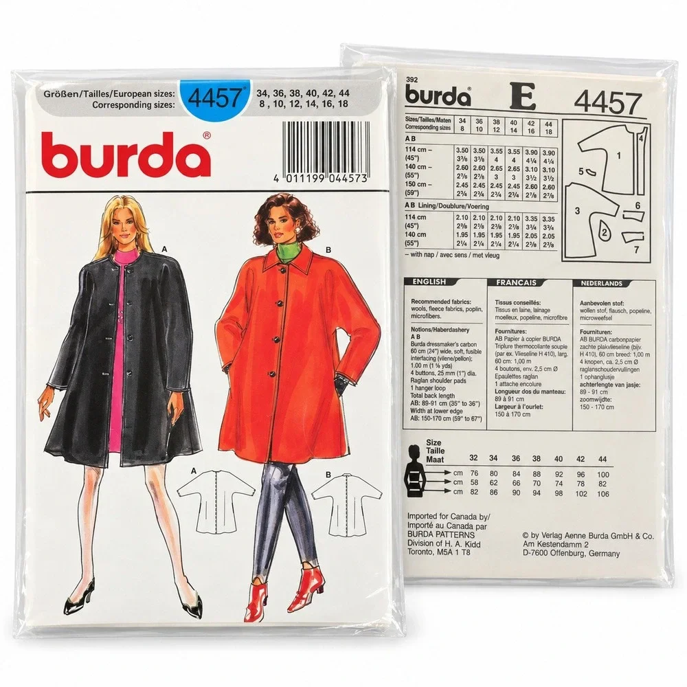 Burda 4457 Coat Sewing Pattern Women 8-18 Multi-Size New Sealed Vintage 90s